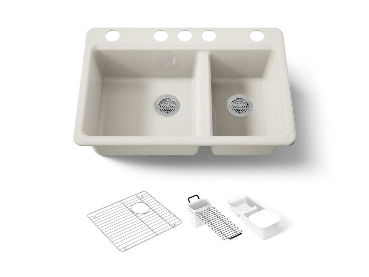 KOHLER K-8669-5UA3-96 Riverby 33" Undermount Double-Bowl Workstation Kitchen Sink - Biscuit