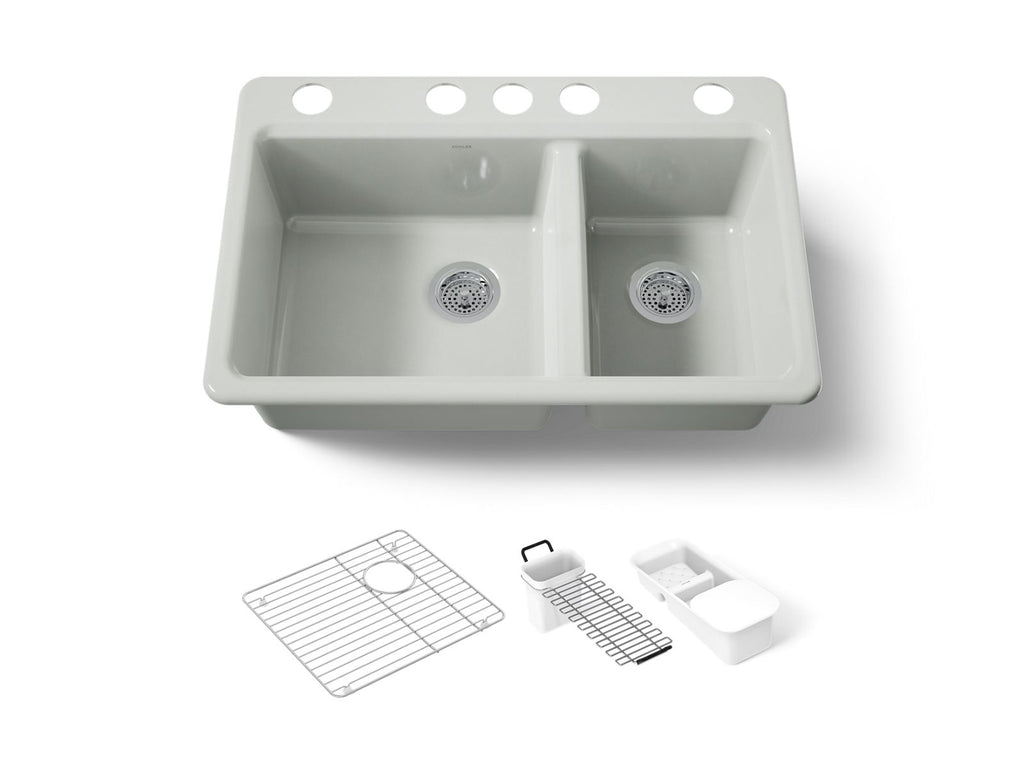 KOHLER K-8669-5UA3-FF Riverby 33" Undermount Double-Bowl Workstation Kitchen Sink - Sea Salt