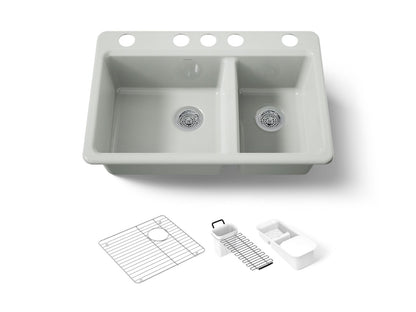 KOHLER K-8669-5UA3-FF Riverby 33" undermount double-bowl workstation kitchen sink - Sea Salt