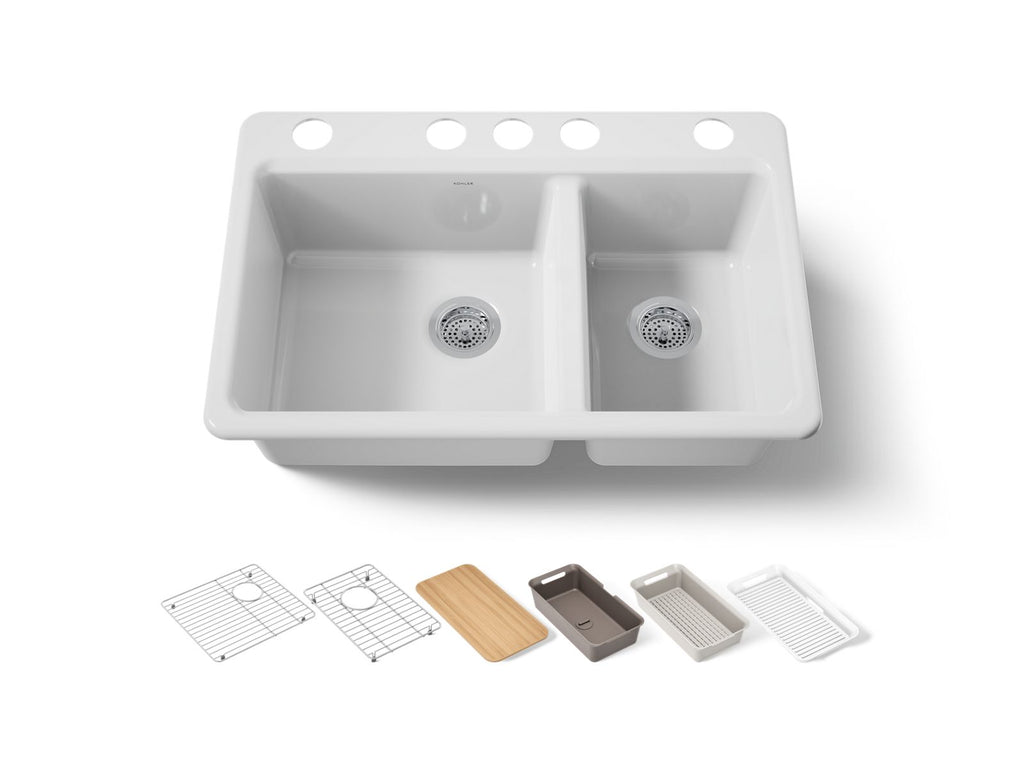 KOHLER K-8669-5UPC-0 Riverby 33" Undermount Double-Bowl Workstation Kitchen Sink - White