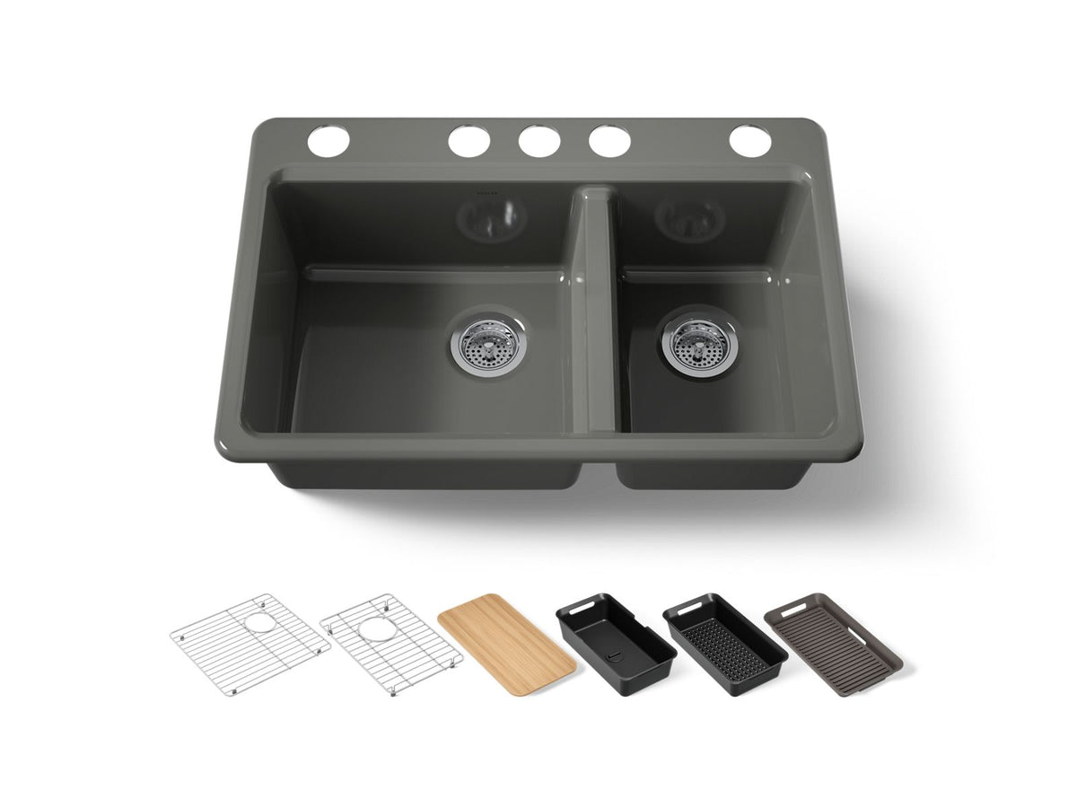 KOHLER K-8669-5UPC-58 Riverby 33" Undermount Double-Bowl Workstation Kitchen Sink - Thunder Grey