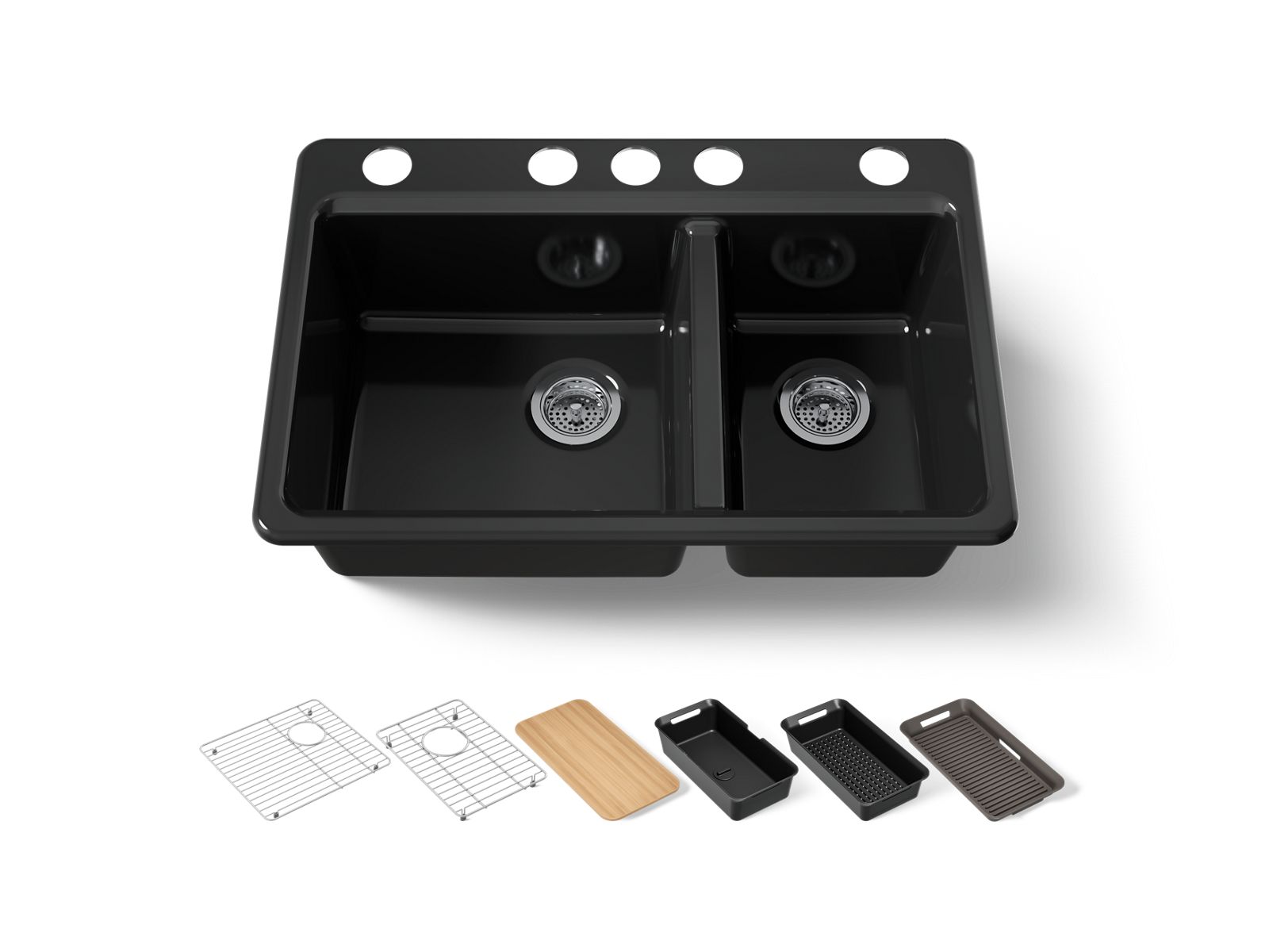 KOHLER K-8669-5UPC-7 Riverby 33" Undermount Double-Bowl Workstation Kitchen Sink - Black Black