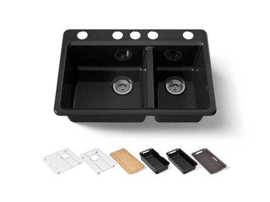 KOHLER K-8669-5UPC-7 Riverby 33" undermount double-bowl workstation kitchen sink - Black Black