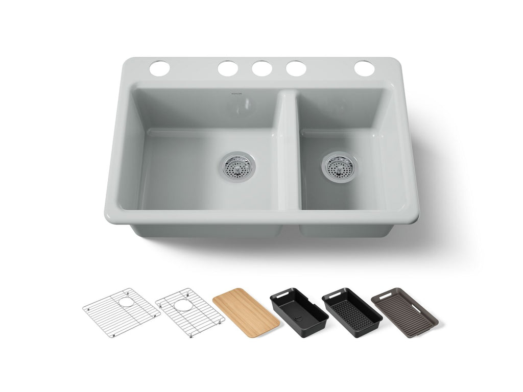 KOHLER K-8669-5UPC-95 Riverby 33" Undermount Double-Bowl Workstation Kitchen Sink - Ice Grey