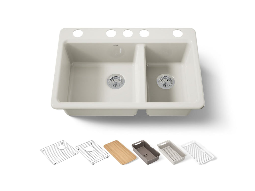 KOHLER K-8669-5UPC-96 Riverby 33" Undermount Double-Bowl Workstation Kitchen Sink - Biscuit