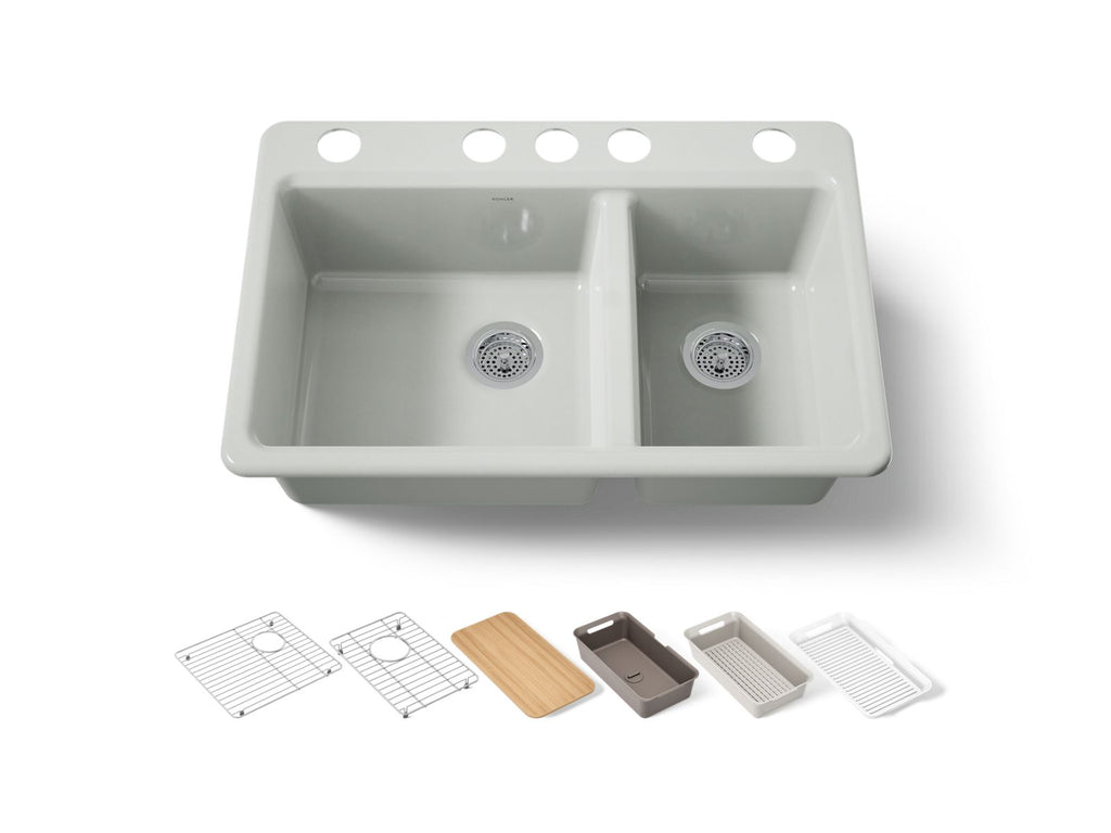 KOHLER K-8669-5UPC-FF Riverby 33" Undermount Double-Bowl Workstation Kitchen Sink - Sea Salt