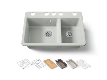 KOHLER K-8669-5UPC-FF Riverby 33" undermount double-bowl workstation kitchen sink - Sea Salt