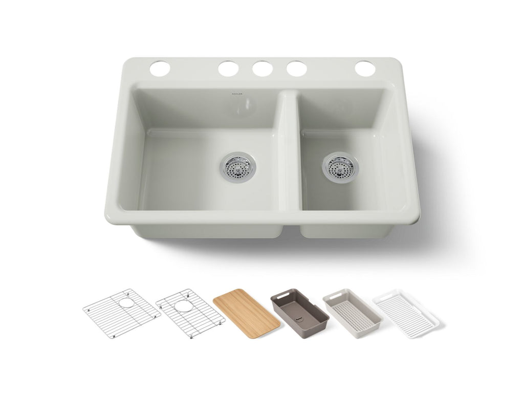 KOHLER K-8669-5UPC-NY Riverby 33" Undermount Double-Bowl Workstation Kitchen Sink - Dune