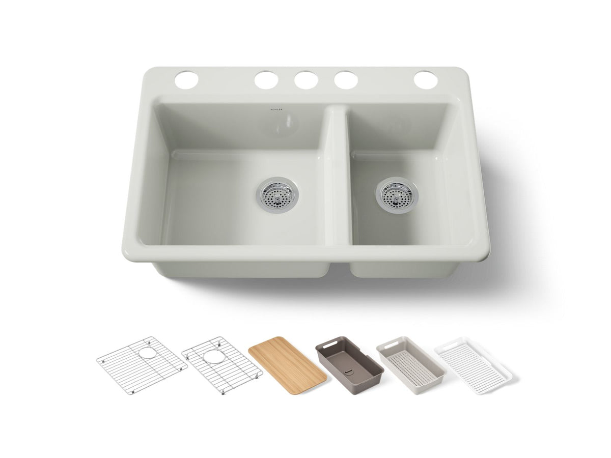 KOHLER K-8669-5UPC-NY Riverby 33" Undermount Double-Bowl Workstation Kitchen Sink - Dune