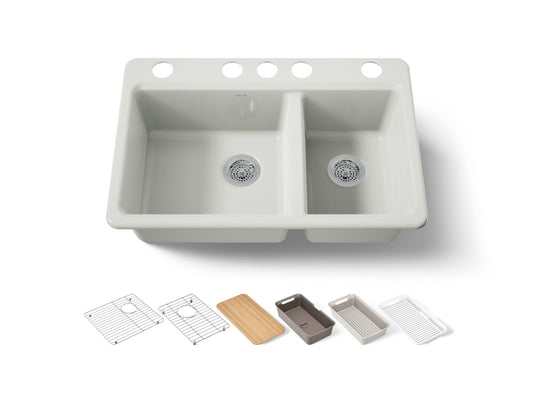 KOHLER K-8669-5UPC-NY Riverby 33" undermount double-bowl workstation kitchen sink - Dune