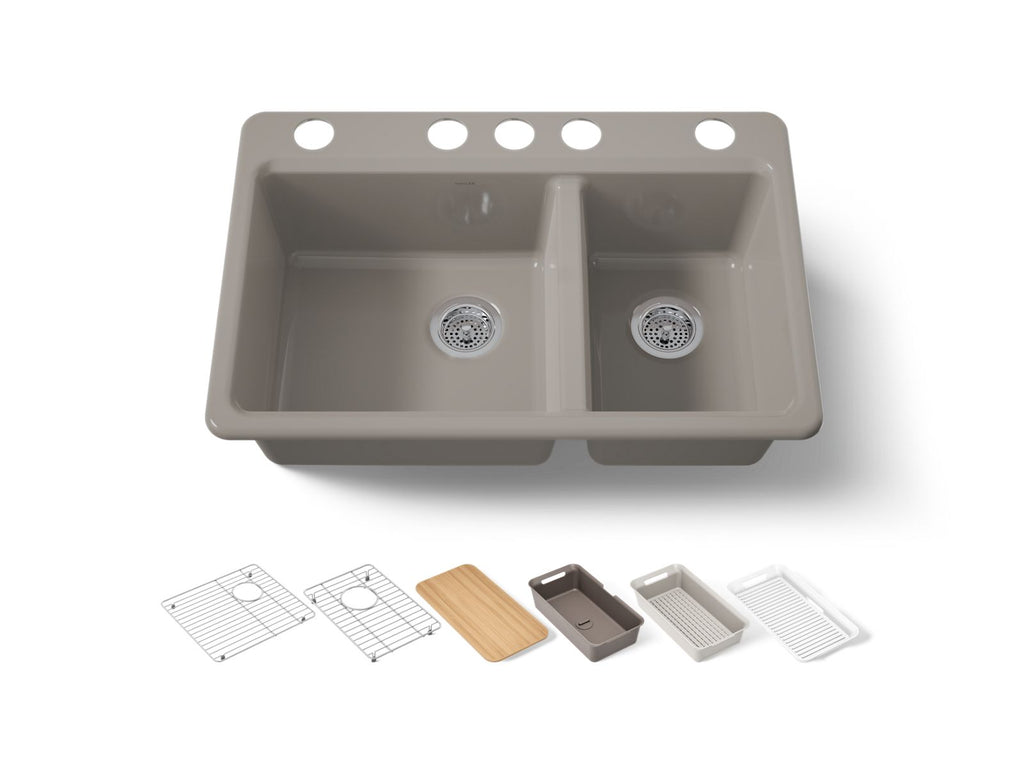 KOHLER K-8669-5UPC-TRF Riverby 33" Undermount Double-Bowl Workstation Kitchen Sink - Truffle