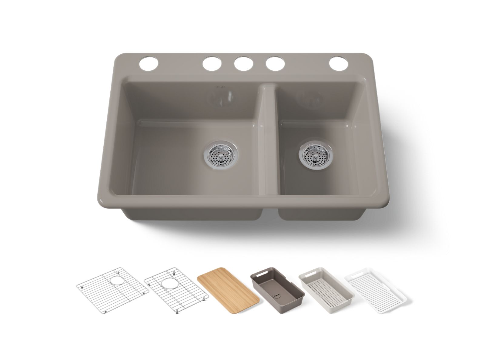 KOHLER K-8669-5UPC-TRF Riverby 33" undermount double-bowl workstation kitchen sink - Truffle