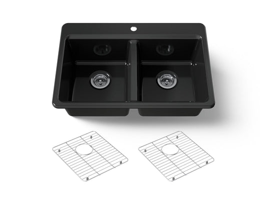 KOHLER K-8679-1A1-7 Riverby 33" top-mount double-bowl kitchen sink - Black Black