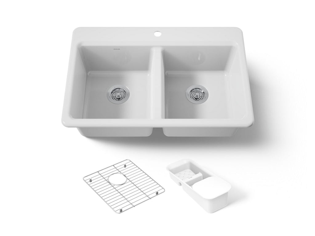 KOHLER K-8679-1A2-0 Riverby 33" Top-Mount Double-Bowl Workstation Kitchen Sink - White