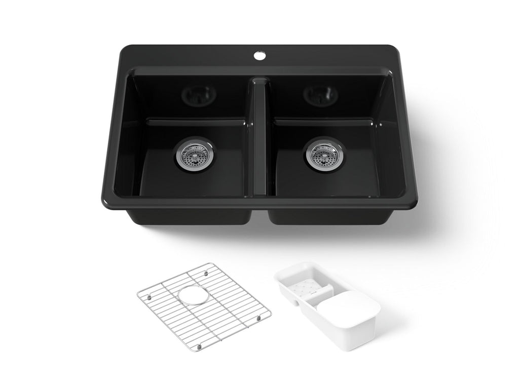 KOHLER K-8679-1A2-7 Riverby 33" Top-Mount Double-Bowl Workstation Kitchen Sink - Black Black