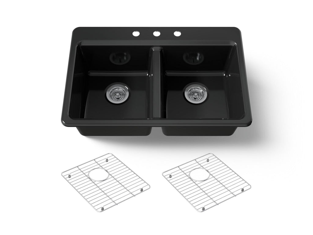 KOHLER K-8679-3A1-7 Riverby 33" Top-Mount Double-Bowl Kitchen Sink - Black Black