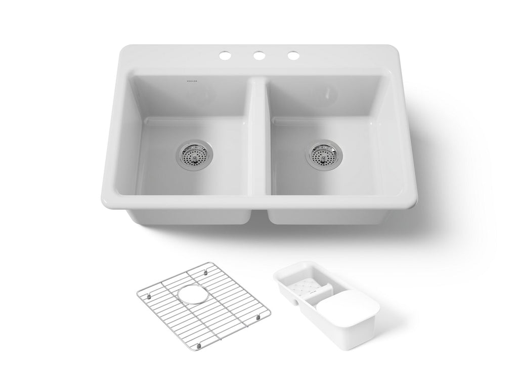 KOHLER K-8679-3A2-0 Riverby 33" Top-Mount Double-Bowl Workstation Kitchen Sink - White