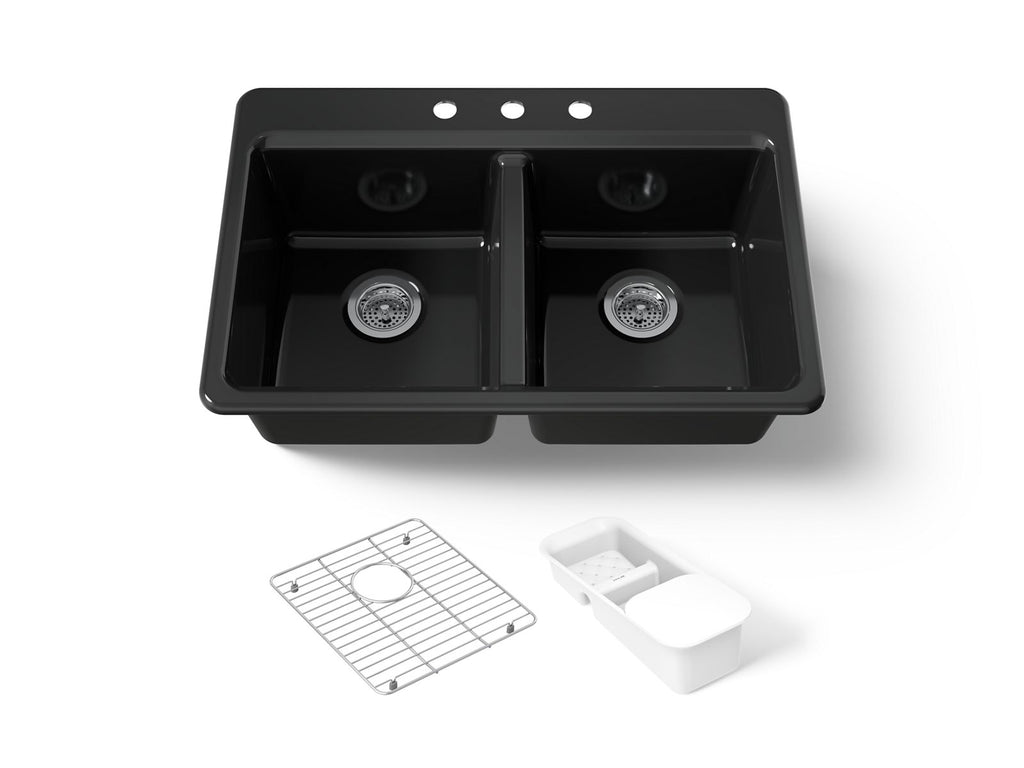 KOHLER K-8679-3A2-7 Riverby 33" Top-Mount Double-Bowl Workstation Kitchen Sink - Black Black