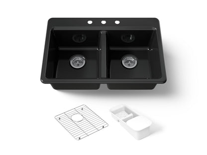 KOHLER K-8679-3A2-7 Riverby 33" top-mount double-bowl workstation kitchen sink - Black Black