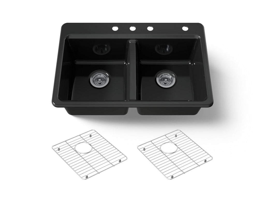 KOHLER K-8679-4A1-7 Riverby 33" Top-Mount Double-Bowl Kitchen Sink - Black Black