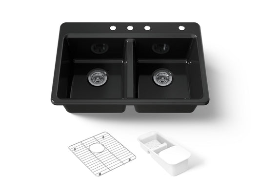 KOHLER K-8679-4A2-7 Riverby 33" top-mount double-bowl workstation kitchen sink - Black Black