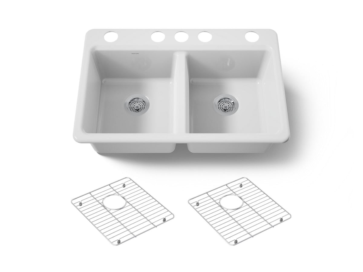 KOHLER K-8679-5UA1-0 Riverby 33" Undermount Double-Bowl Kitchen Sink - White