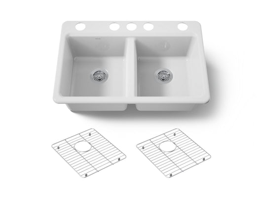 KOHLER K-8679-5UA1-0 Riverby 33" undermount double-bowl kitchen sink - White