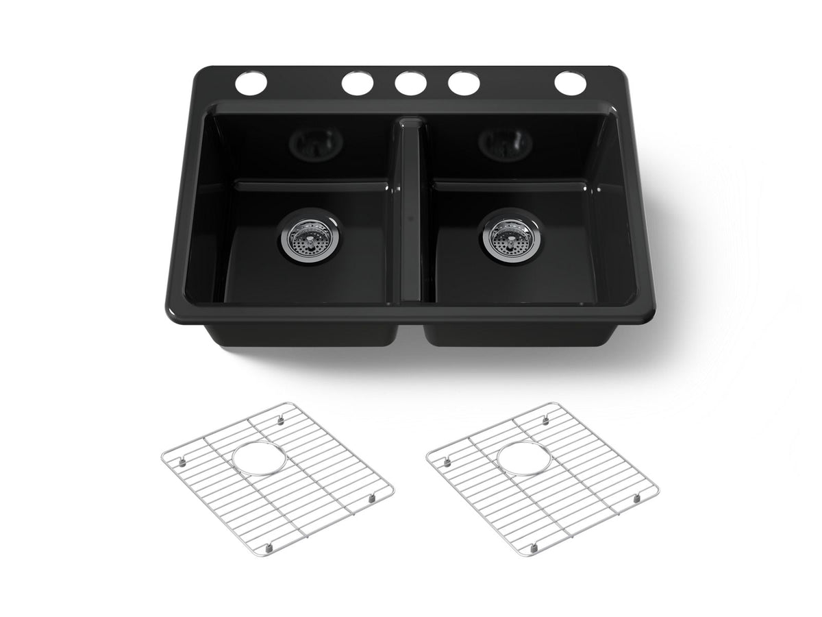 KOHLER K-8679-5UA1-7 Riverby 33" Undermount Double-Bowl Kitchen Sink - Black Black