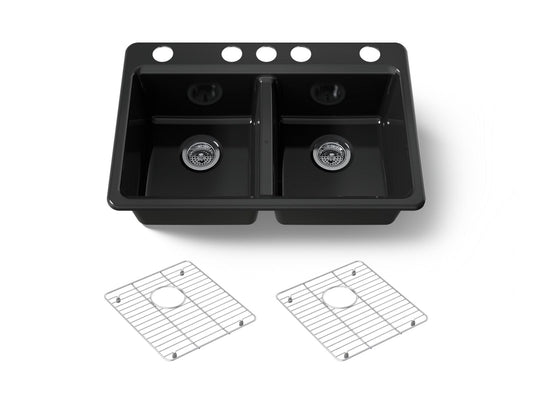 KOHLER K-8679-5UA1-7 Riverby 33" undermount double-bowl kitchen sink - Black Black