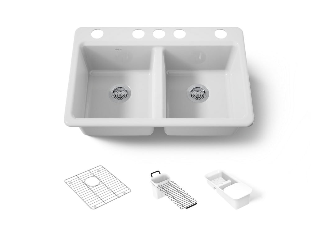 KOHLER K-8679-5UA3-0 Riverby 33" Undermount Double-Bowl Workstation Kitchen Sink - White