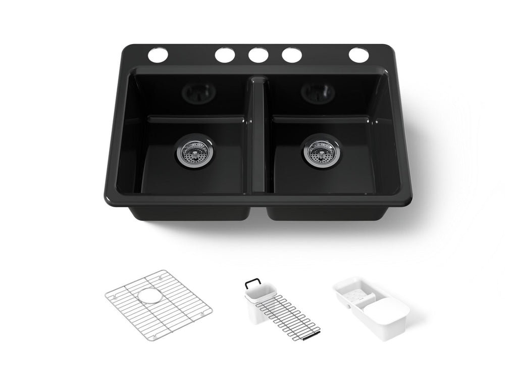 KOHLER K-8679-5UA3-7 Riverby 33" Undermount Double-Bowl Workstation Kitchen Sink - Black Black