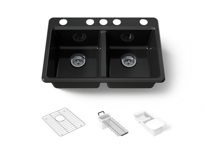KOHLER K-8679-5UA3-7 Riverby 33" undermount double-bowl workstation kitchen sink - Black Black
