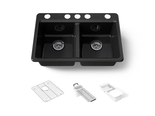 KOHLER K-8679-5UA3-7 Riverby 33" undermount double-bowl workstation kitchen sink - Black Black