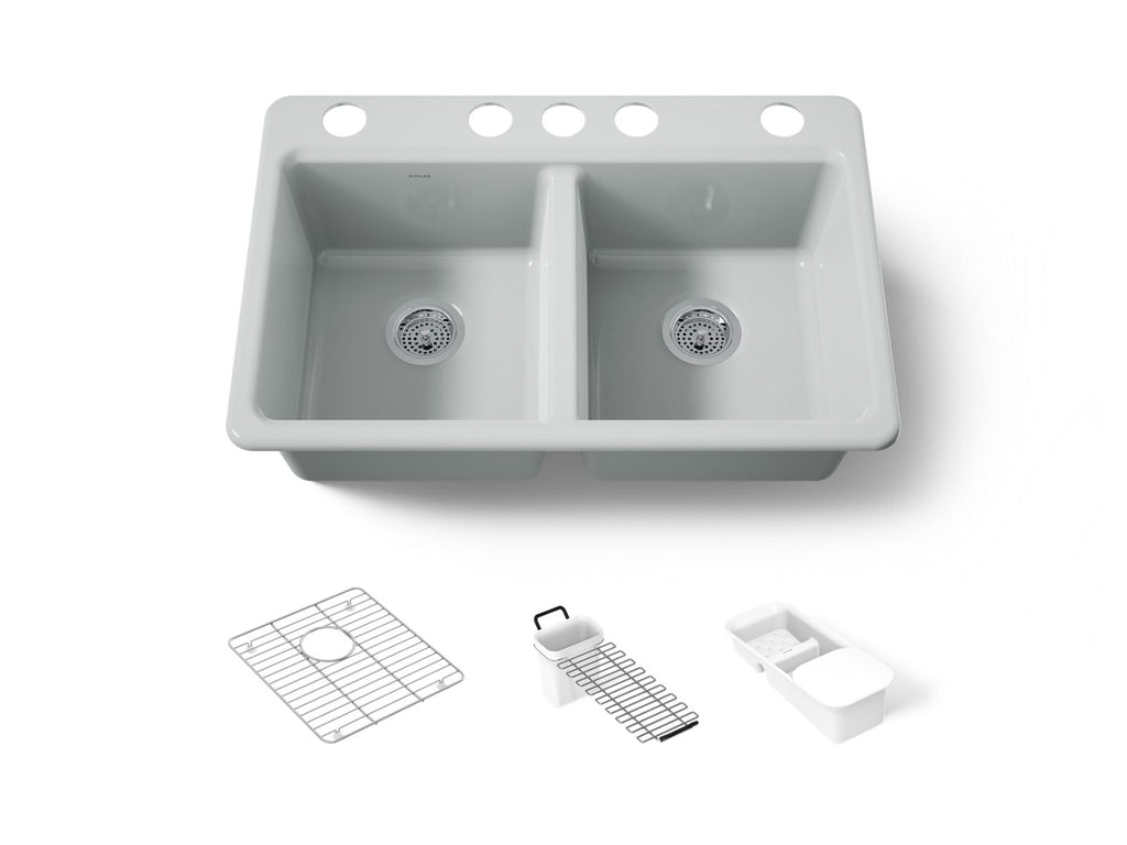 KOHLER K-8679-5UA3-95 Riverby 33" Undermount Double-Bowl Workstation Kitchen Sink - Ice Grey
