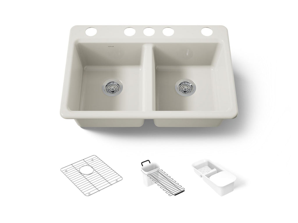 KOHLER K-8679-5UA3-96 Riverby 33" Undermount Double-Bowl Workstation Kitchen Sink - Biscuit