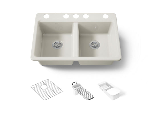 KOHLER K-8679-5UA3-96 Riverby 33" undermount double-bowl workstation kitchen sink - Biscuit