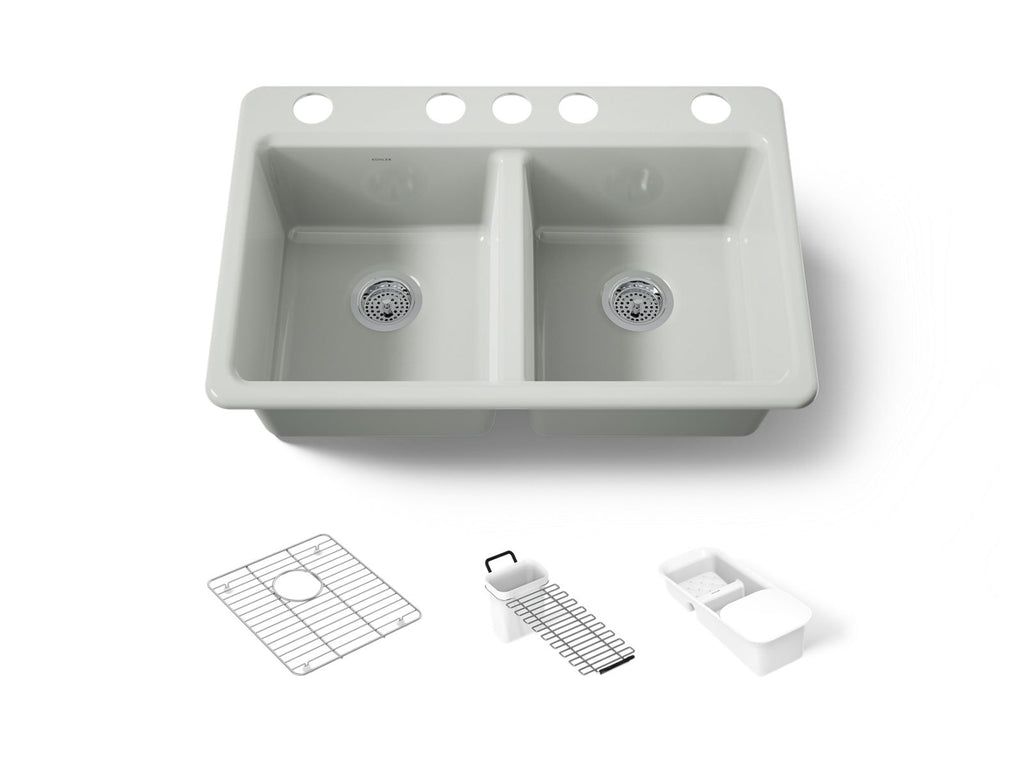 KOHLER K-8679-5UA3-FF Riverby 33" Undermount Double-Bowl Workstation Kitchen Sink - Sea Salt