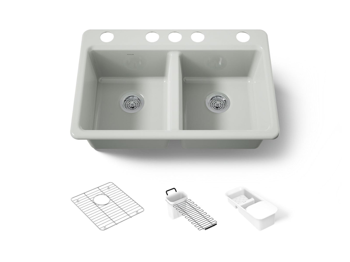 KOHLER K-8679-5UA3-FF Riverby 33" undermount double-bowl workstation kitchen sink - Sea Salt