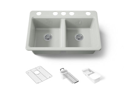 KOHLER K-8679-5UA3-FF Riverby 33" undermount double-bowl workstation kitchen sink - Sea Salt