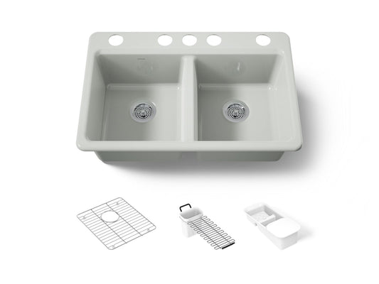 KOHLER K-8679-5UA3-FF Riverby 33" undermount double-bowl workstation kitchen sink - Sea Salt