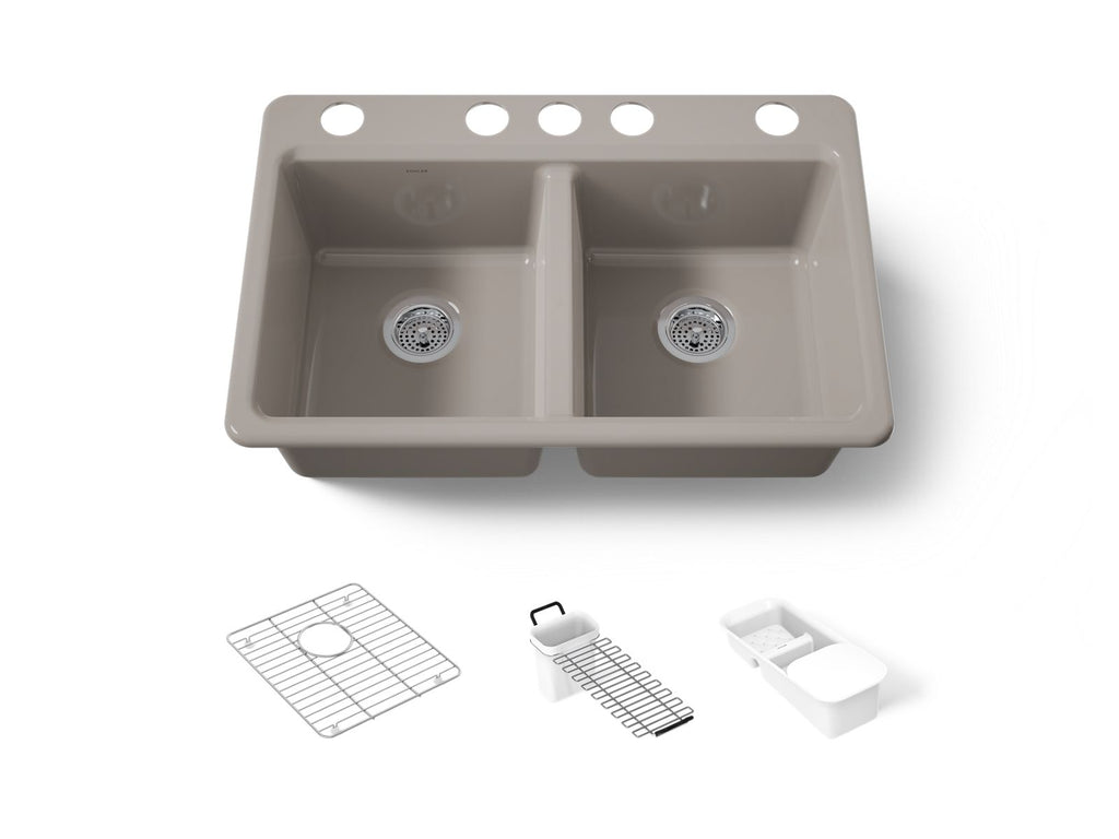 KOHLER K-8679-5UA3-TRF Riverby 33" Undermount Double-Bowl Workstation Kitchen Sink - Truffle