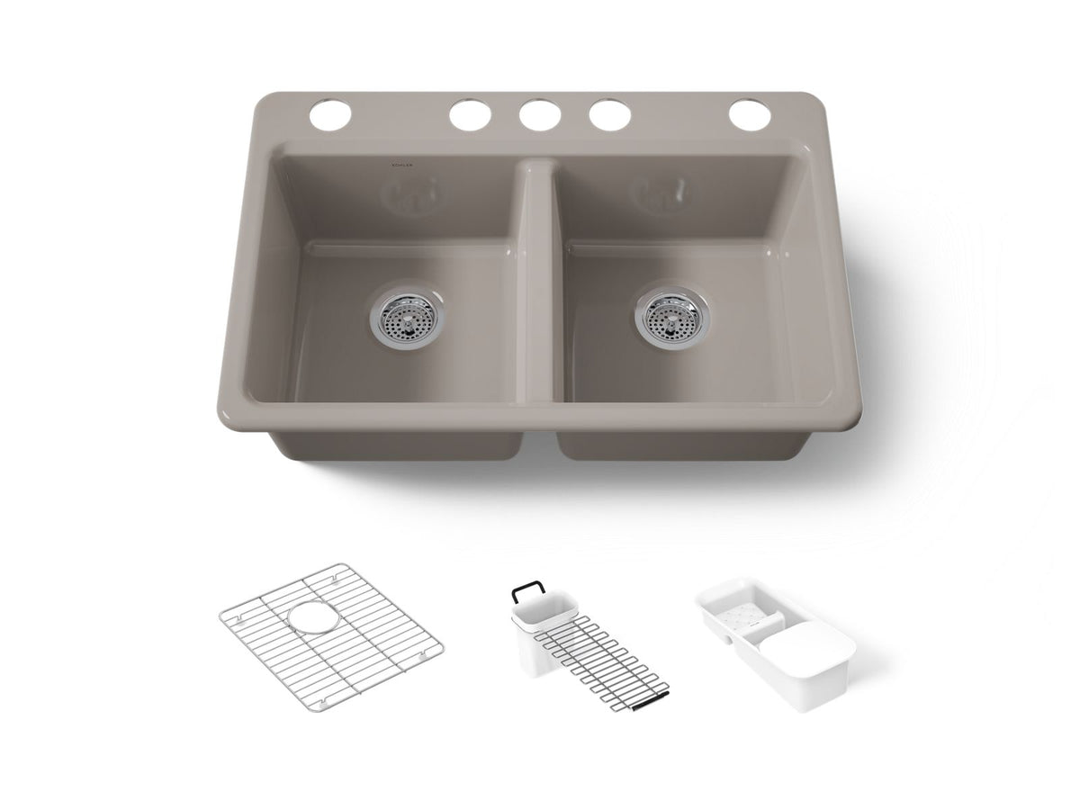KOHLER K-8679-5UA3-TRF Riverby 33" Undermount Double-Bowl Workstation Kitchen Sink - Truffle
