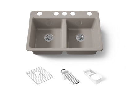KOHLER K-8679-5UA3-TRF Riverby 33" undermount double-bowl workstation kitchen sink - Truffle