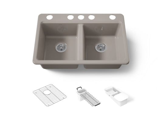 KOHLER K-8679-5UA3-TRF Riverby 33" undermount double-bowl workstation kitchen sink - Truffle