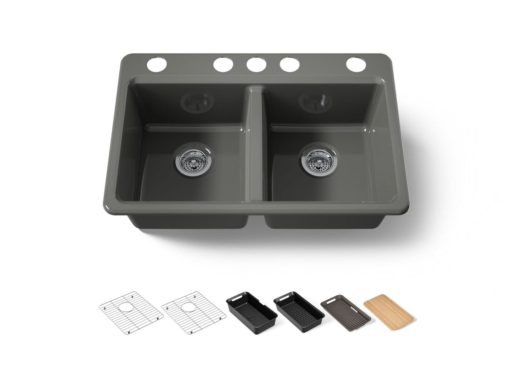 KOHLER K-8679-5UPC-58 Riverby 33" Undermount Double-Bowl Workstation Kitchen Sink - Thunder Grey
