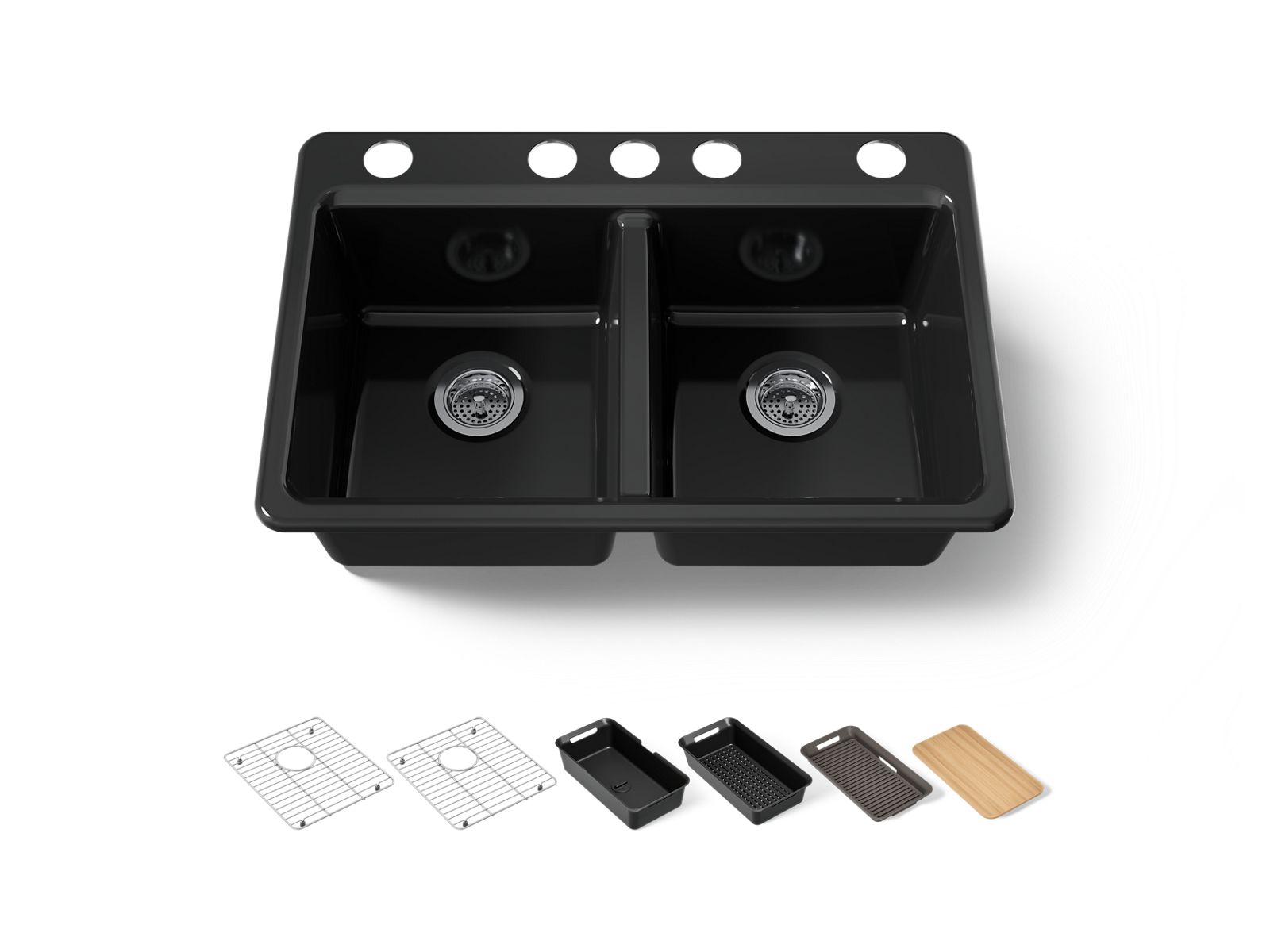 KOHLER K-8679-5UPC-7 Riverby 33" Undermount Double-Bowl Workstation Kitchen Sink - Black Black