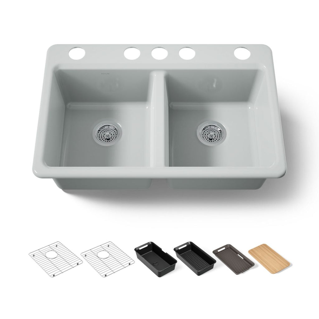 KOHLER K-8679-5UPC-95 Riverby 33" Undermount Double-Bowl Workstation Kitchen Sink - Ice Grey