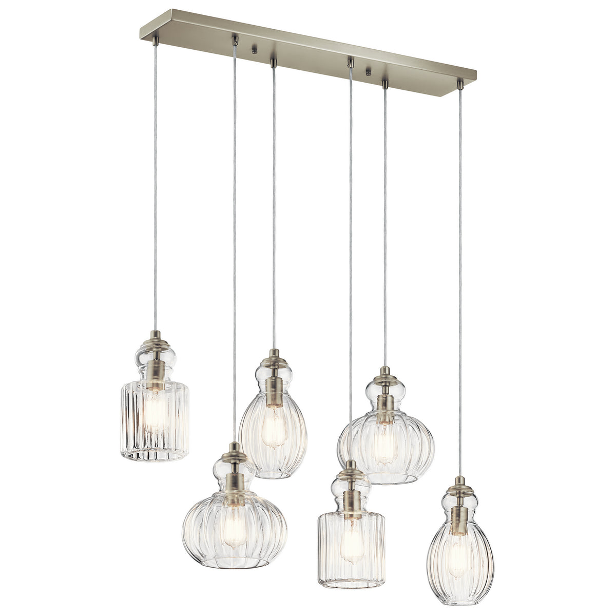 KICHLER 43950NI Riviera 35.5" 6 Light Linear Chandelier With Clear Ribbed Glass In Brushed Nickel