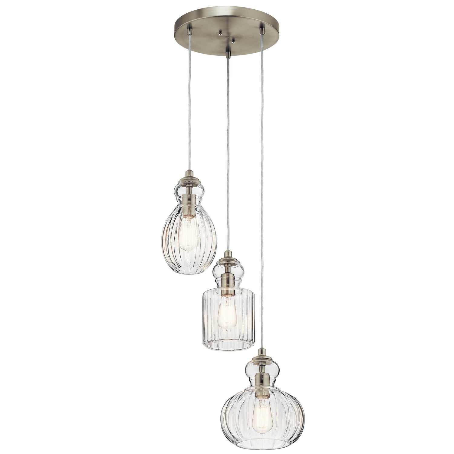 KICHLER 43952NI Riviera 10.25" 3 Light Pendant With Clear Ribbed Glass In Brushed Nickel