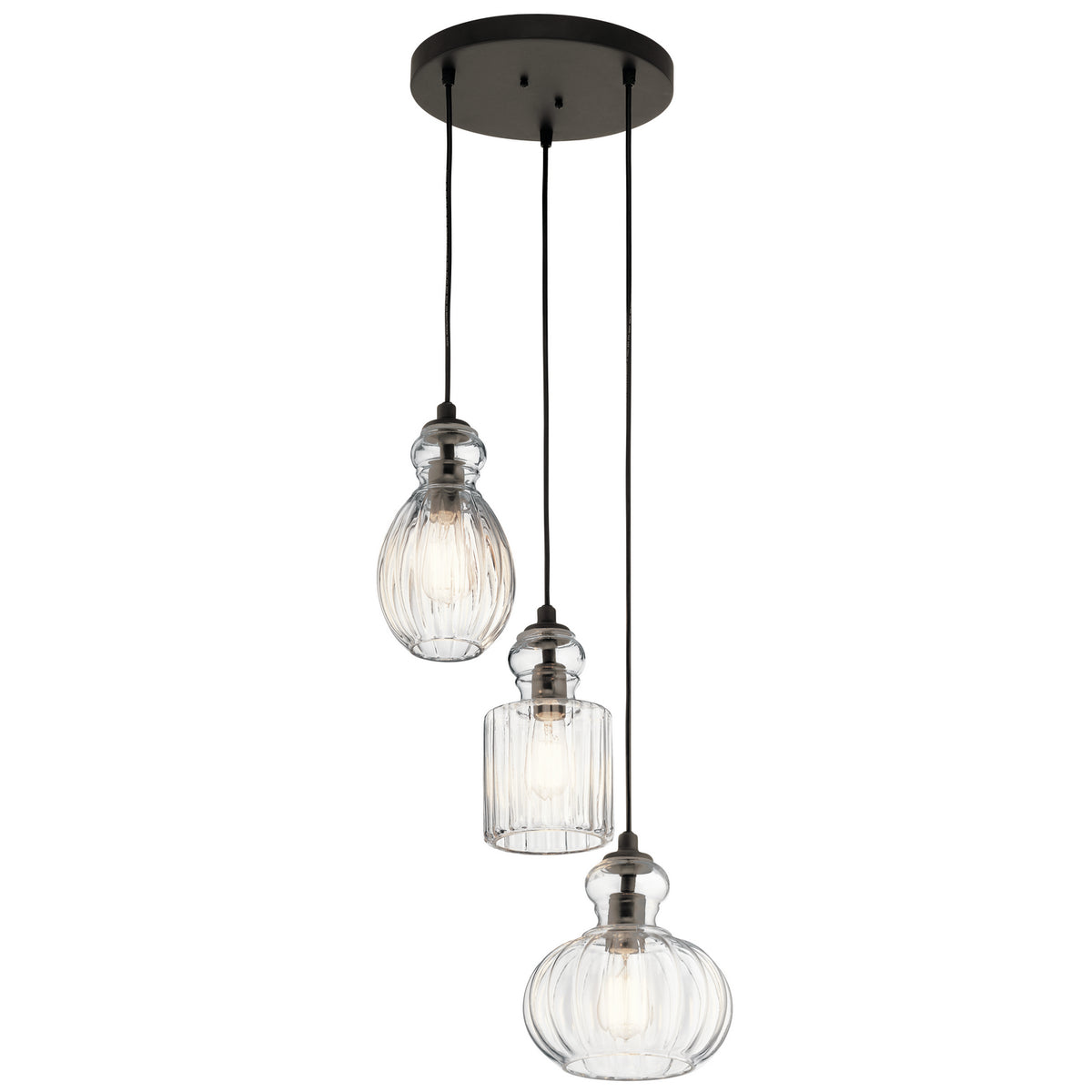 KICHLER 43952OZ Riviera 10.25" 3 Light Pendant With Clear Ribbed Glass In Olde Bronze